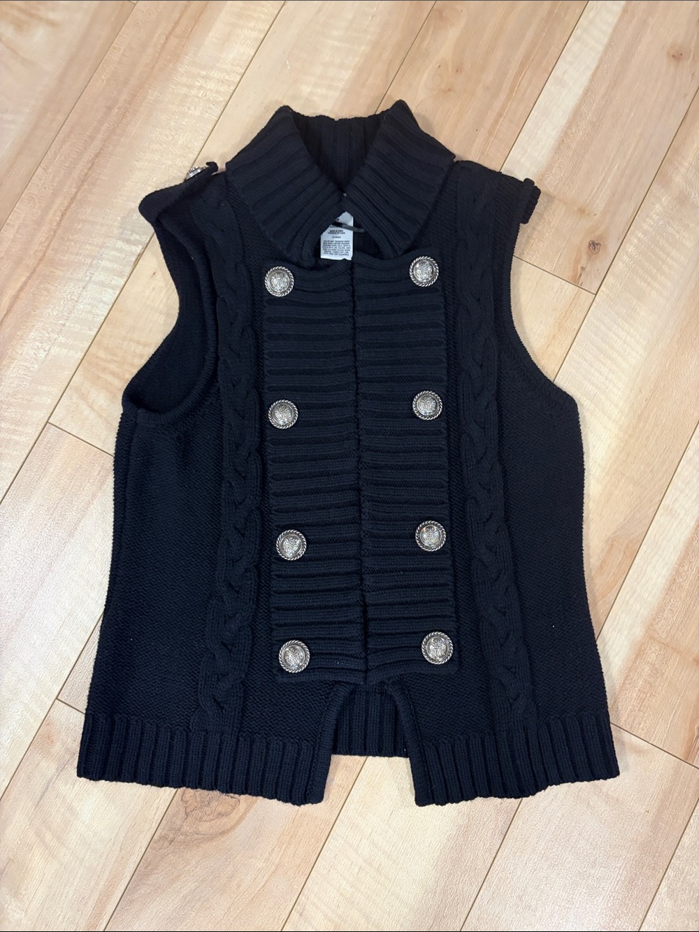 Style & Co. Black Sleeveless Cable Knit Vest with Decorative Buttons